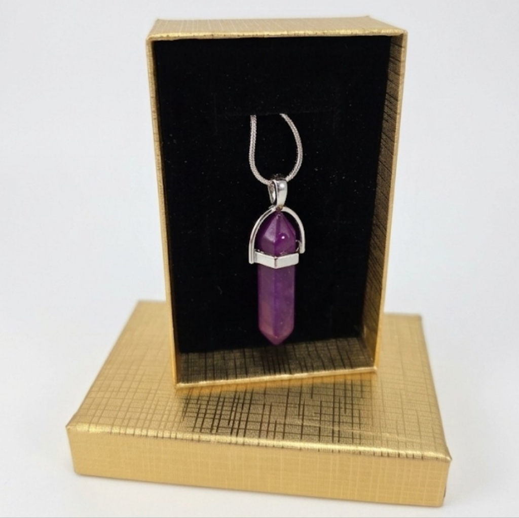Nib Genuine Purple Fluorite Hexagonal Point Necklace - Silver Tone 18